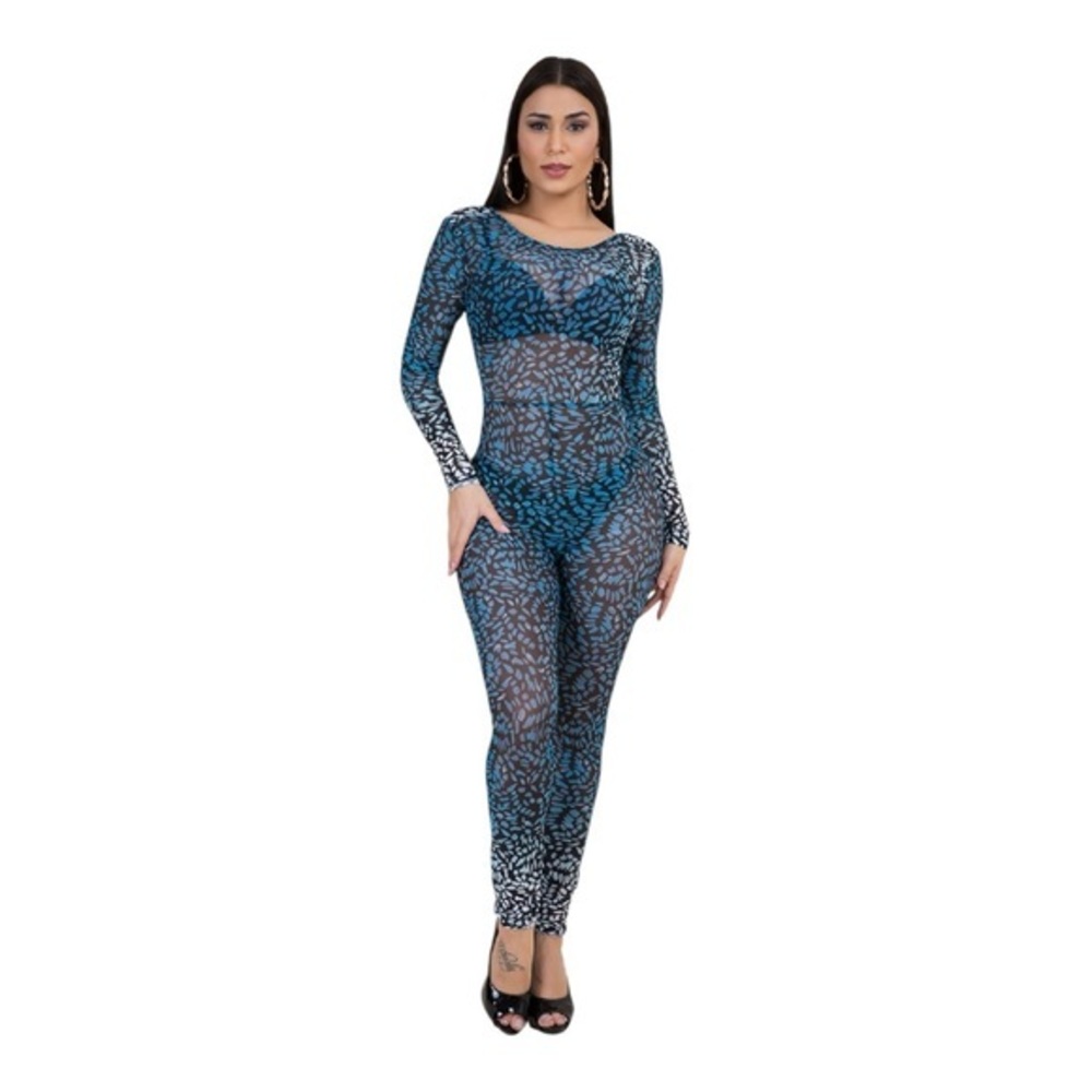 Blue and Black Mesh Patterned Jumpsuit Size L